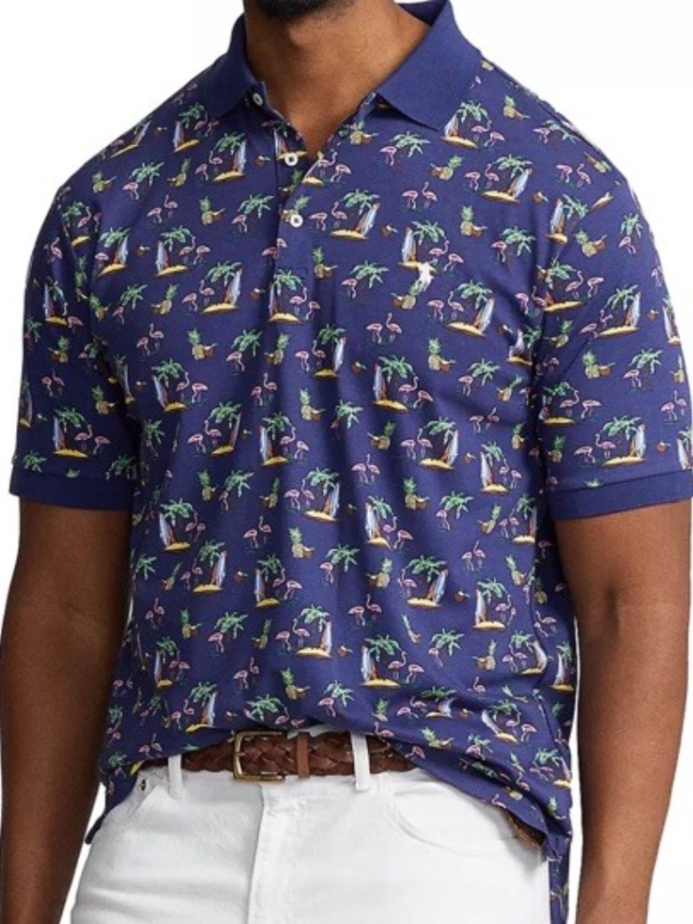 Polo Ralph Lauren Mens Blue Flamingo Hawaiian Tropical Polo Shirt. Size 4XL Hole
